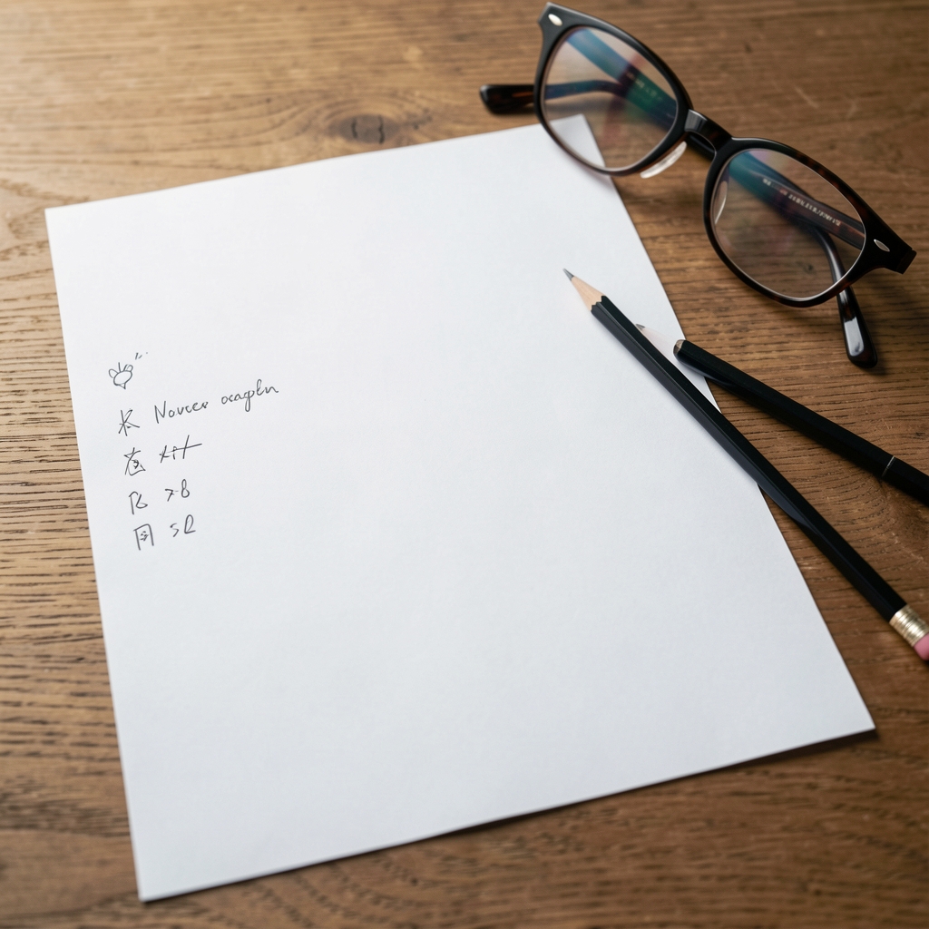Printed article proof with handwritten corrections in the margin, a sharp pencil and a pair of reading glasses resting on a wooden table
