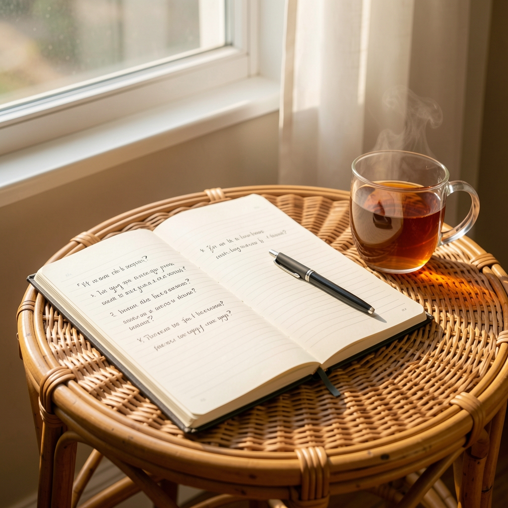 Open lined notebook with handwritten questions, a pen and a glass of hot tea on a rattan table beside a window with morning light