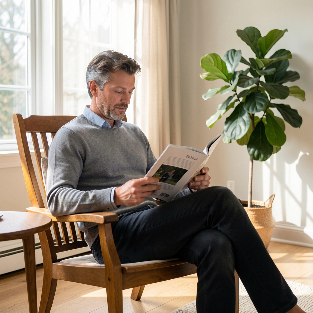 Man in his late thirties reading a printed magazine in a wooden armchair in a sunlit living room with a houseplant and a small side table