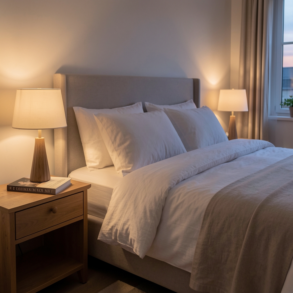 Quiet bedroom at dusk with soft lamp light, a neatly made bed with linen sheets and a book resting on the nightstand