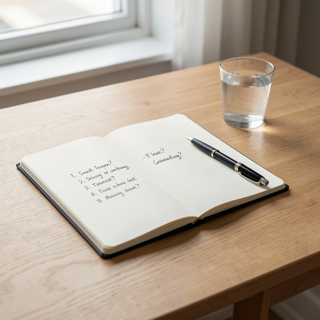 Open notebook with a short handwritten list of questions beside a pen and a glass of water on a clean wooden desk in soft window light