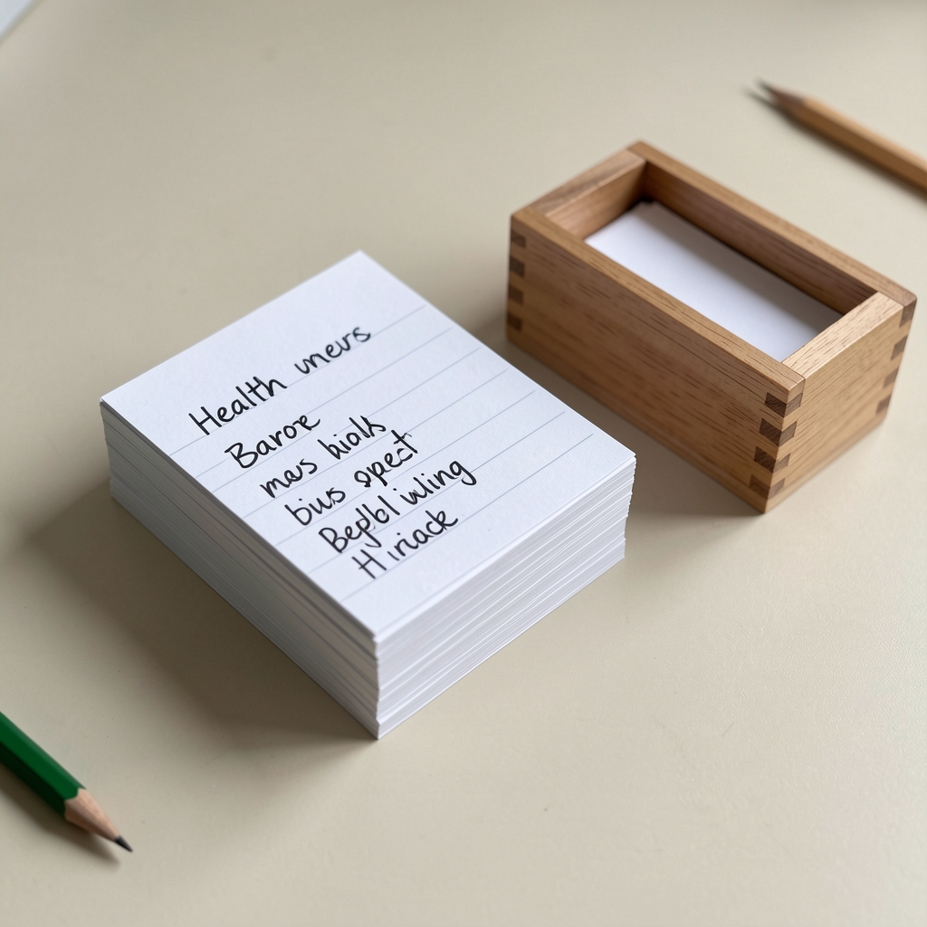 Neat stack of white index cards with handwritten health terms and a small wooden box of cards on a light desk beside a green pencil