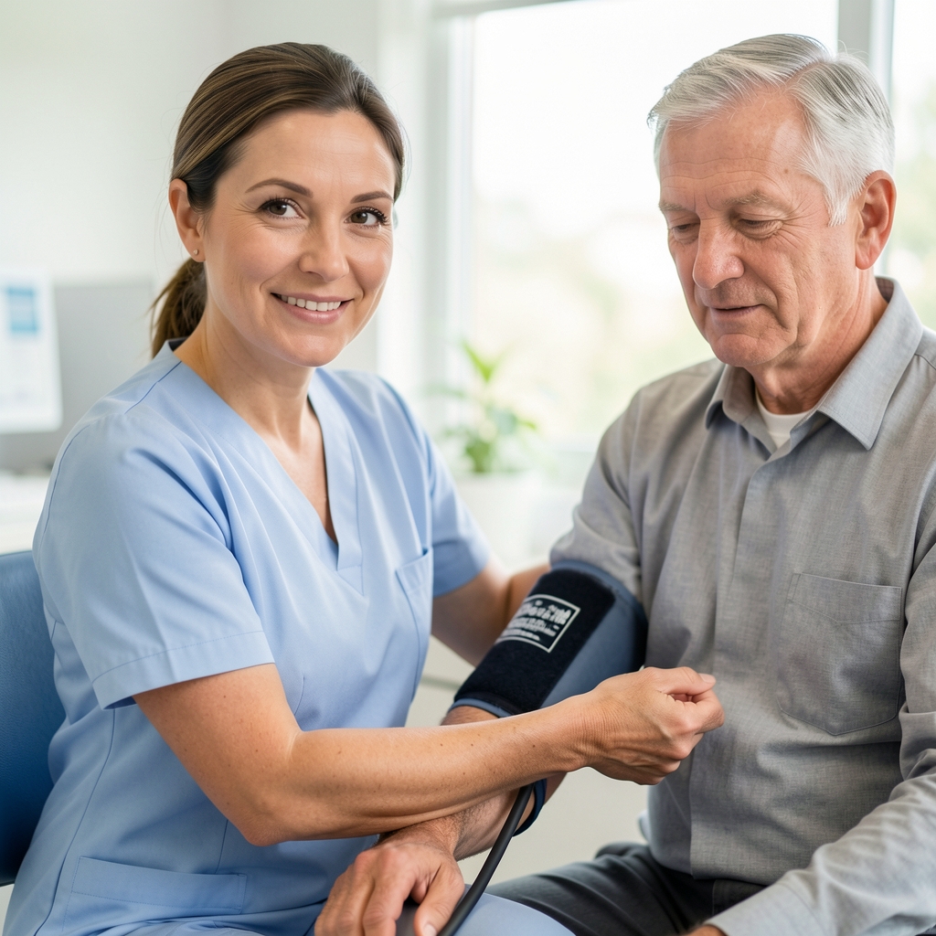 Nurse in a light blue uniform wrapping a blood pressure cuff around the upper arm of a seated middle-aged man in a bright clinic room