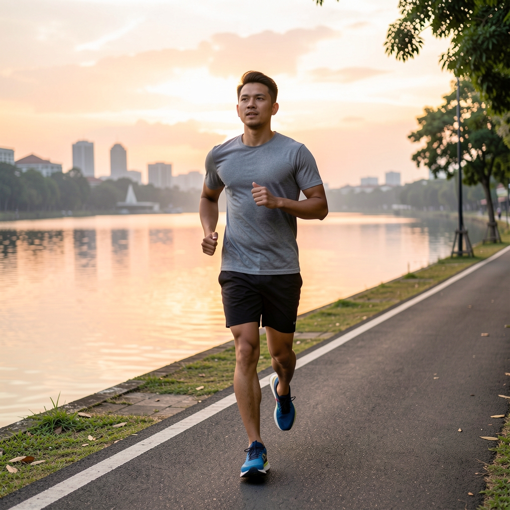 Man in running shoes and a plain grey t-shirt jogging at a gentle pace along a paved path beside a lake in Jakarta at sunset
