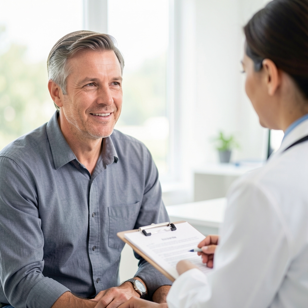 Middle-aged man in a casual shirt sitting across from a doctor in a white coat who is explaining something while holding a clipboard in a bright consultation room