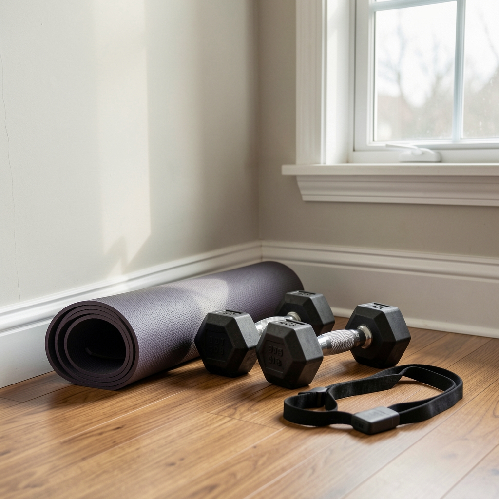 Living room corner with a rolled yoga mat, a pair of medium dumbbells and a resistance band on a wooden floor beside a window
