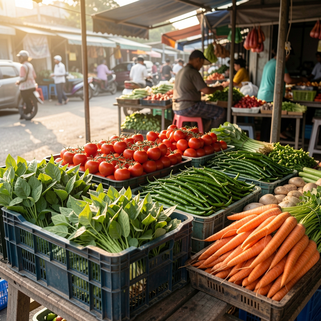 Traditional Jakarta market stall with crates of fresh kangkung, tomatoes, long beans, green chillies and carrots arranged under morning light