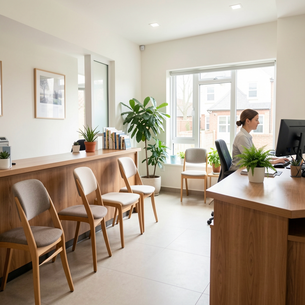 Bright clinic reception area with a wooden counter, a receptionist at a computer and a few waiting chairs beside a window with green plants