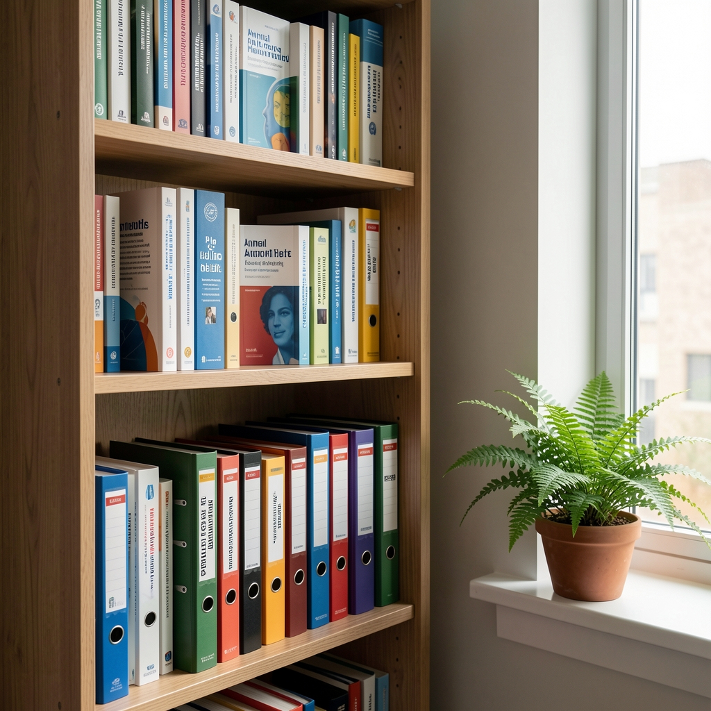 Wall bookshelf with neatly arranged health guidebooks, annual public health reports and ring binders beside a window with a small potted fern