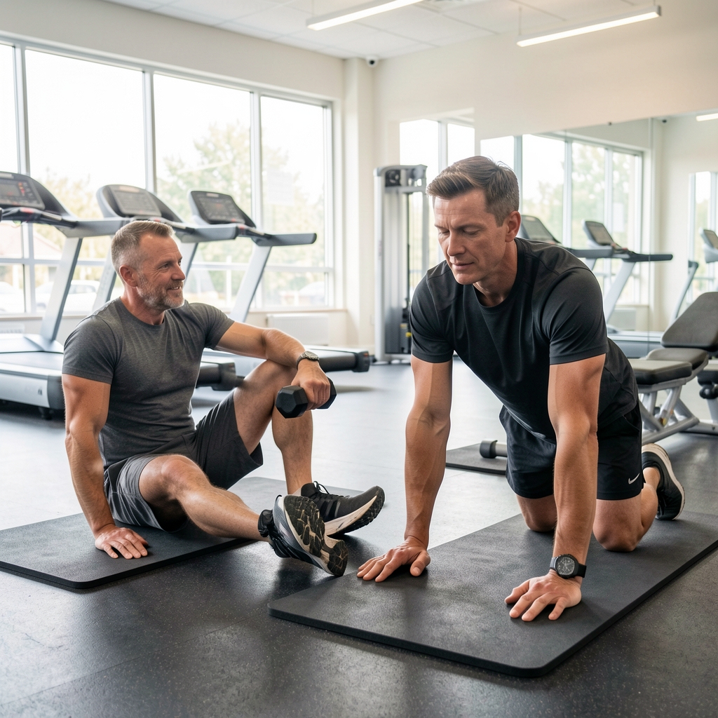 Two men in their forties doing a light dumbbell and stretching session on rubber mats in a bright community gym